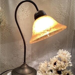 Amber Frosted Glass Shade Bronze Metal Goosneck Flower Table Lamp 17”x11”x6”x3”